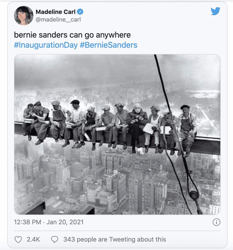 Bernie's meme sitting on pole with workers